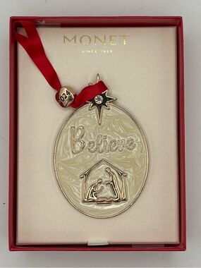 Monet 'Believe' Cream and Gold Nativity Ornament with Red Ribbon 2024 NIB